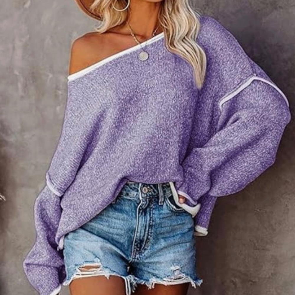 New Women’s Oversized Pullover Sweater Slouchy Batwing Sleeves Lilac Purple Sml